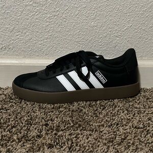 Adidas Men's Black and White Sneakers with Brown Sole